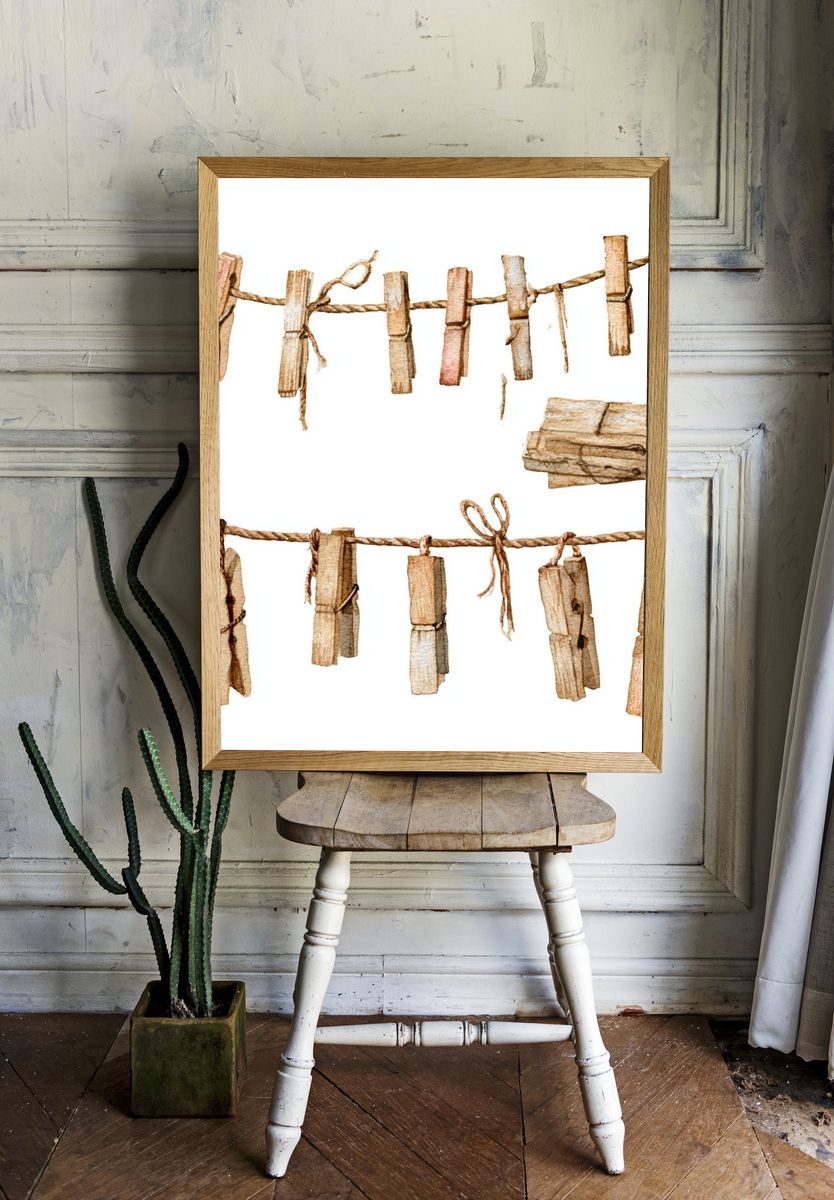 Rustic Clothespins Watercolor Print. — room view 1