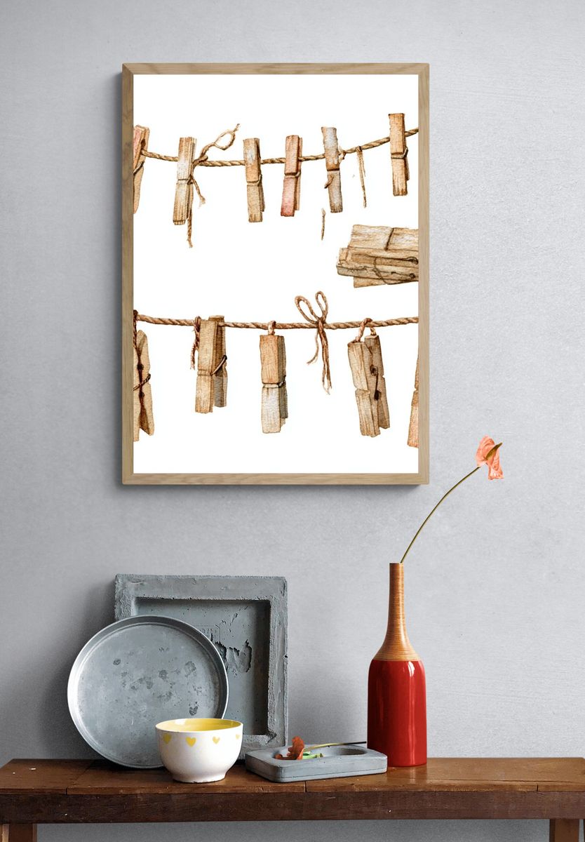 Rustic Clothespins Watercolor Print. — room view 3