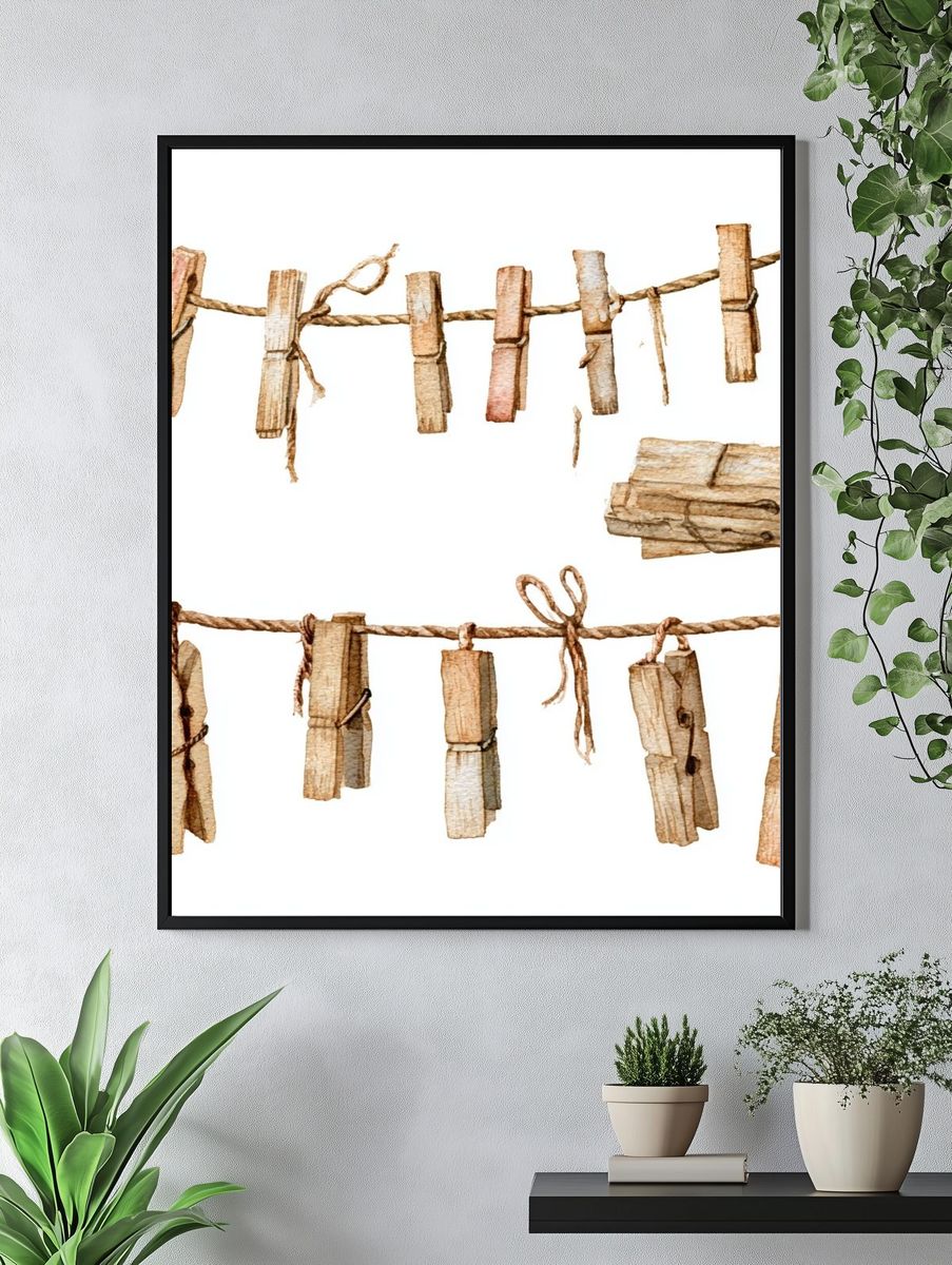 Rustic Clothespins Watercolor Print. — room view 4