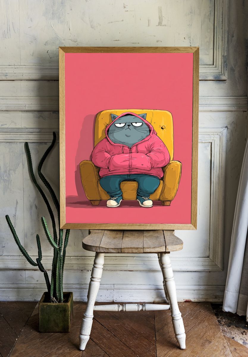Grumpy Cat in Hoodie Illustration Poster. — room view 1
