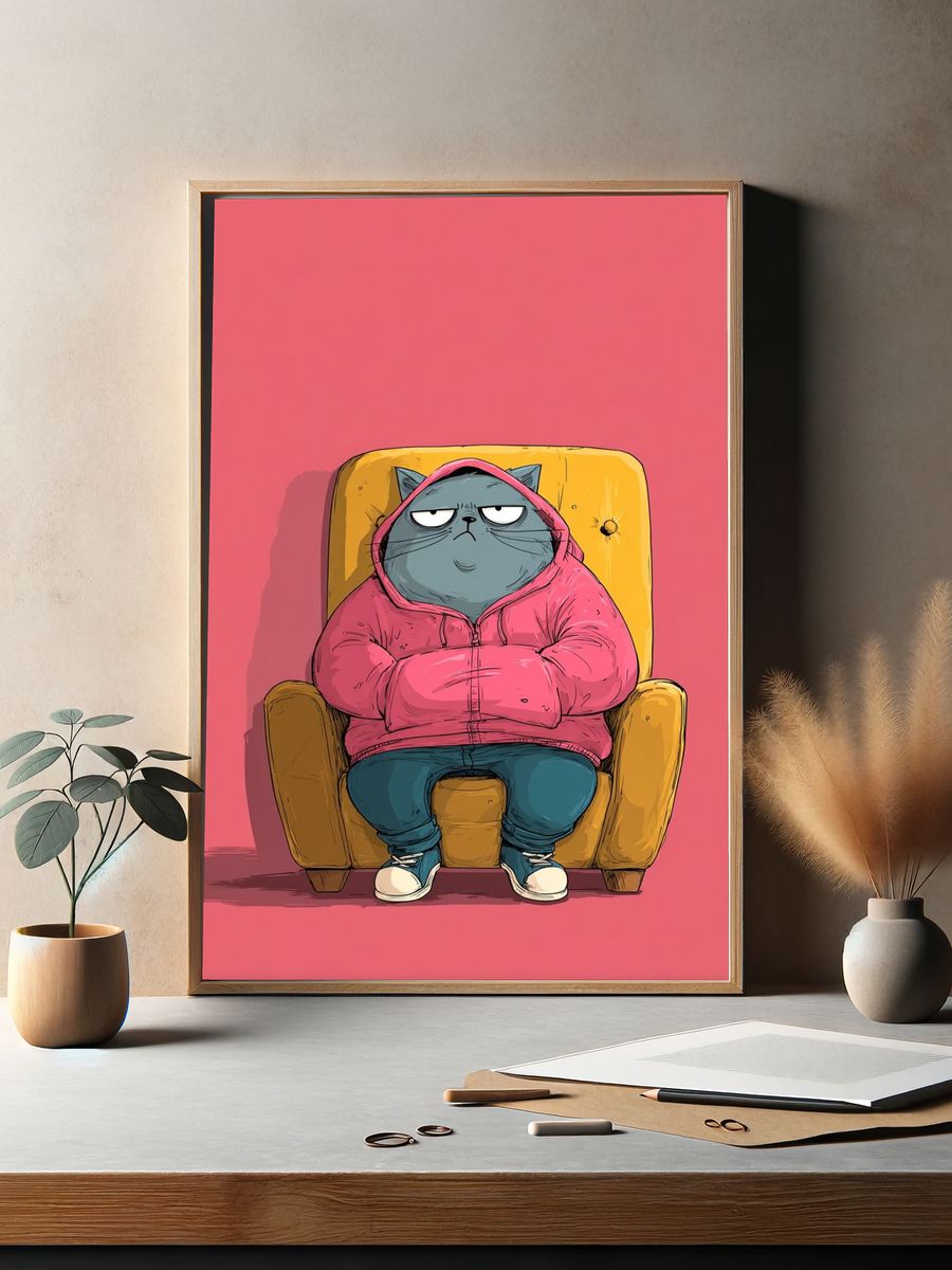 Grumpy Cat in Hoodie Illustration Poster. — room view 2