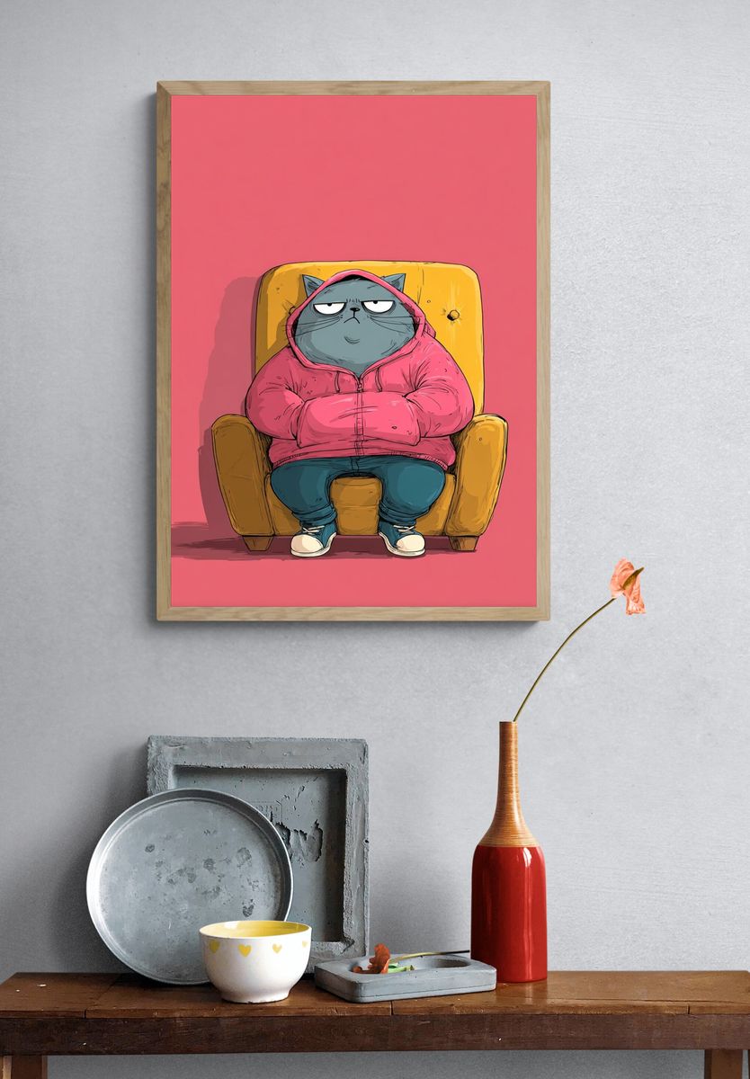 Grumpy Cat in Hoodie Illustration Poster. — room view 3