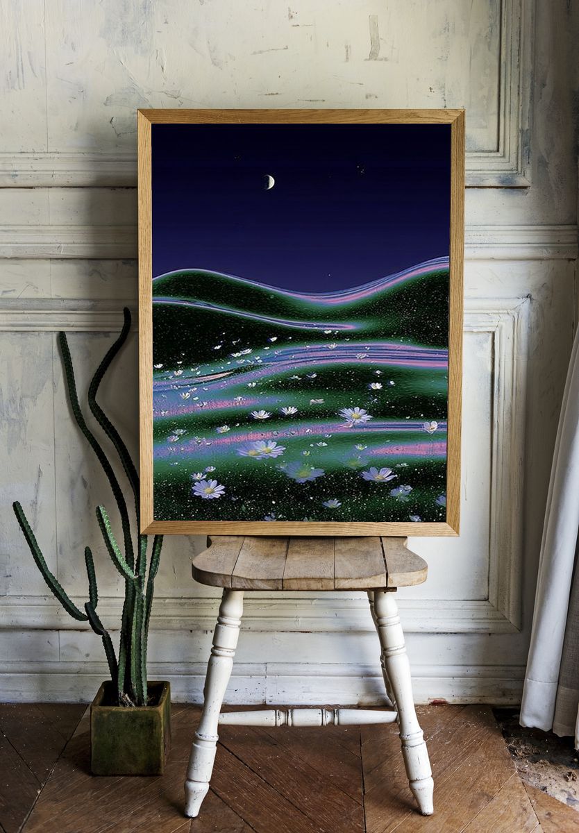 Moonlit Floral Hills Illustration Poster. — room view 1