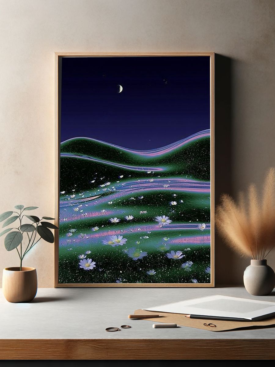 Moonlit Floral Hills Illustration Poster. — room view 2