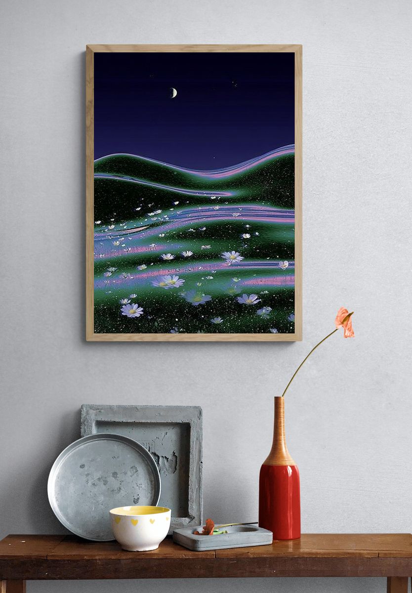 Moonlit Floral Hills Illustration Poster. — room view 3