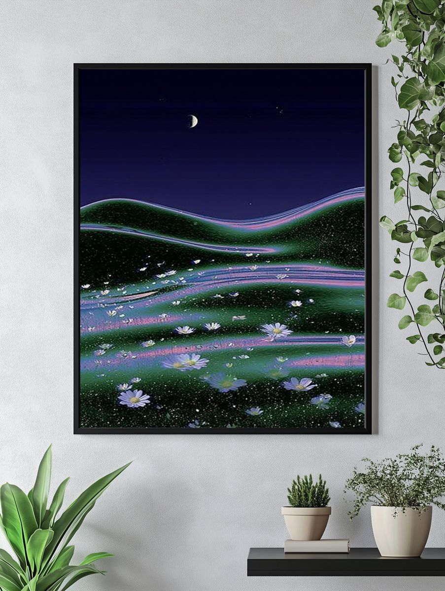 Moonlit Floral Hills Illustration Poster. — room view 4