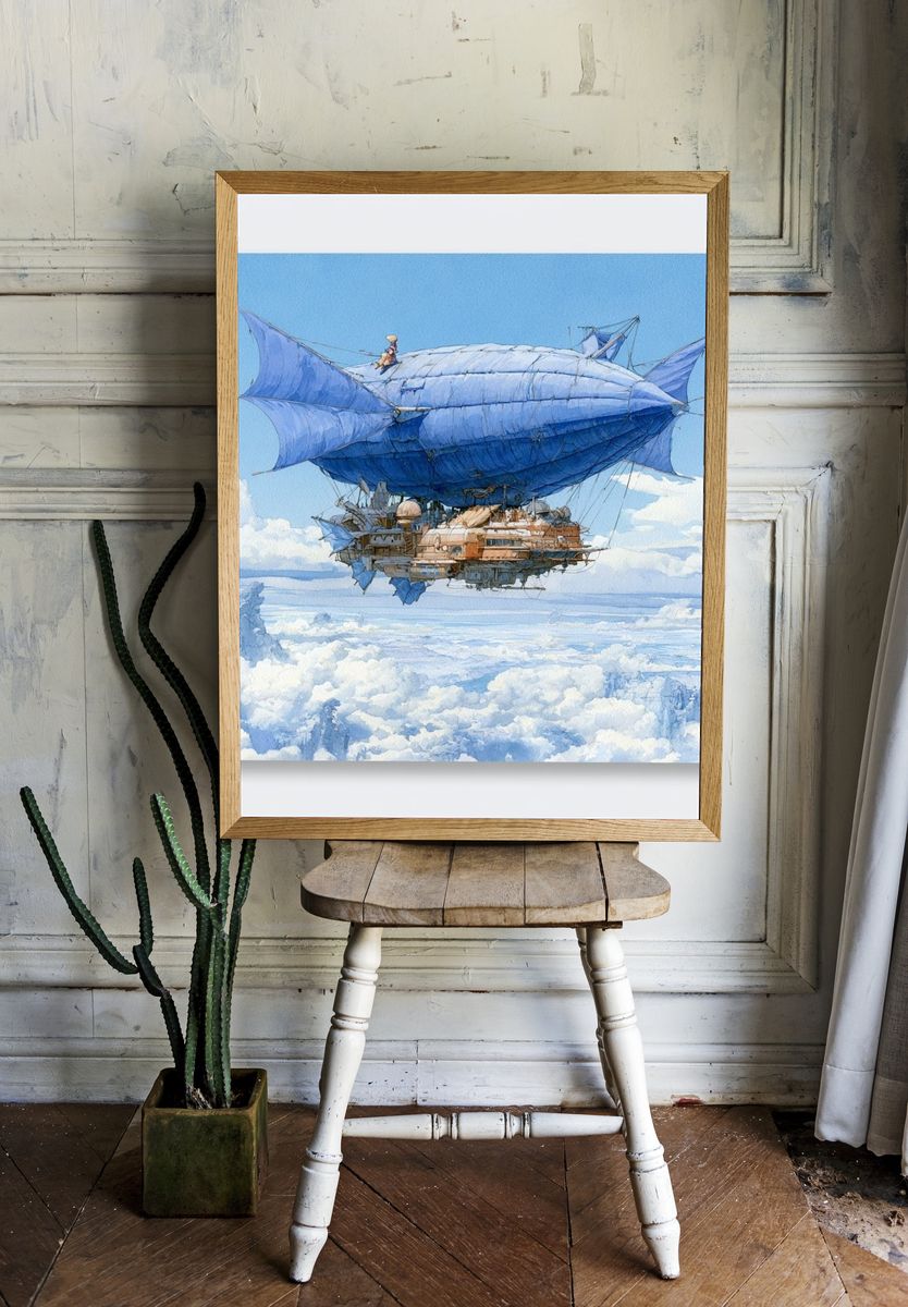 Sky Airship Fantasy Illustration Poster. — room view 1