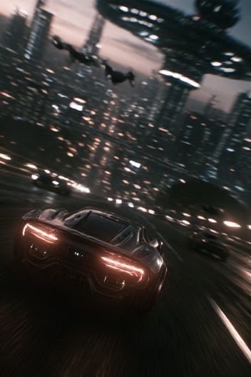 Futuristic City Chase Poster. poster — illustration art