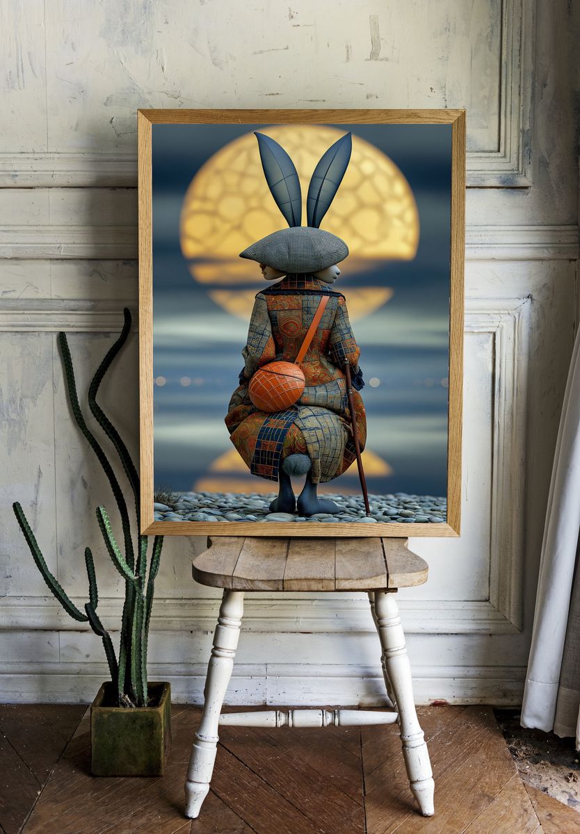 Moonlit Rabbit Figure Illustration Poster. — room view 1
