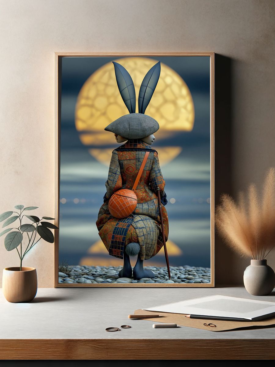 Moonlit Rabbit Figure Illustration Poster. — room view 2