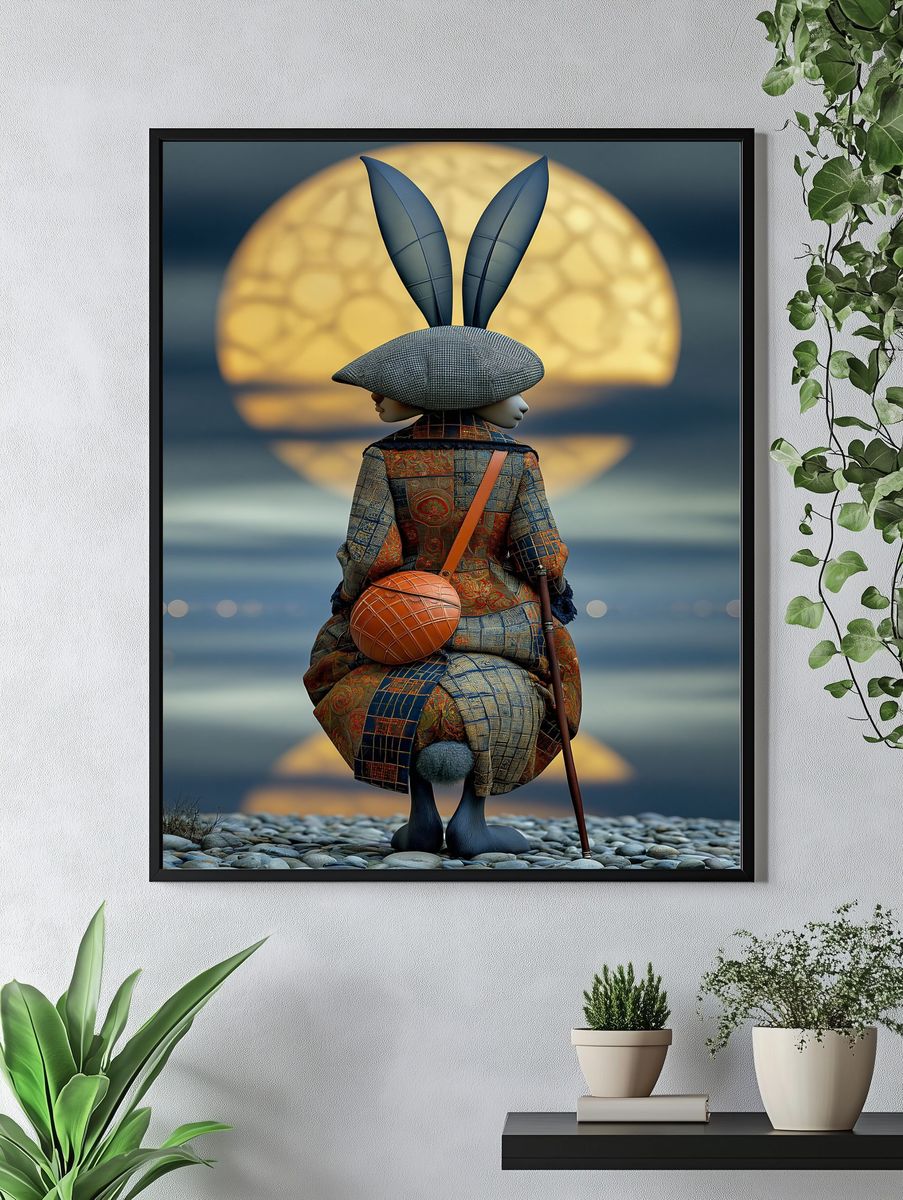Moonlit Rabbit Figure Illustration Poster. — room view 4
