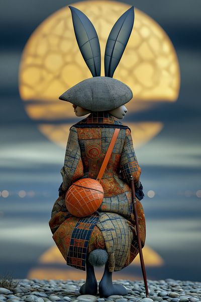 Moonlit Rabbit Figure Illustration Poster. poster print