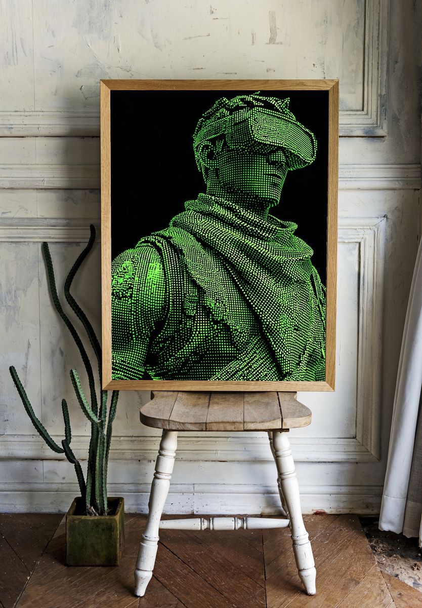 Neon Halftone Soldier Digital Art Poster. — room view 1