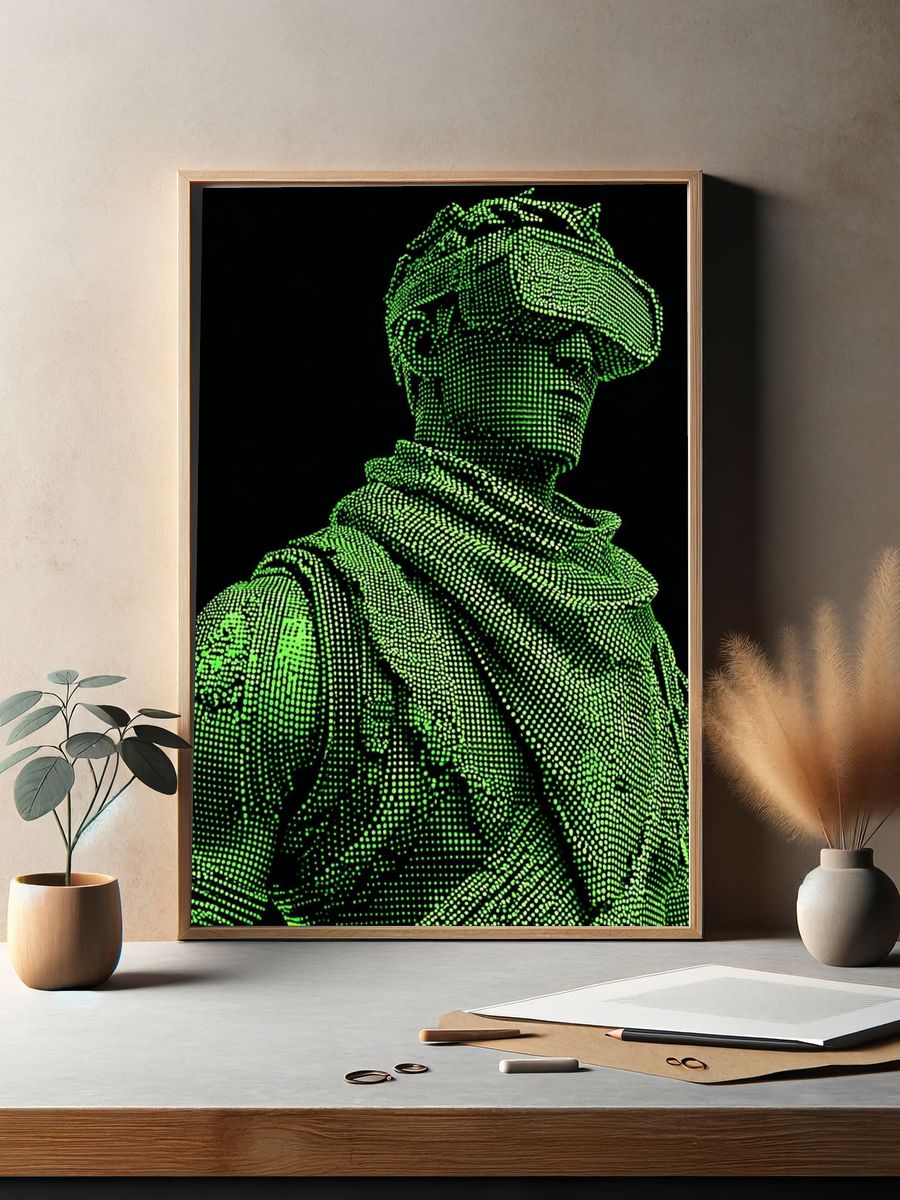 Neon Halftone Soldier Digital Art Poster. — room view 2