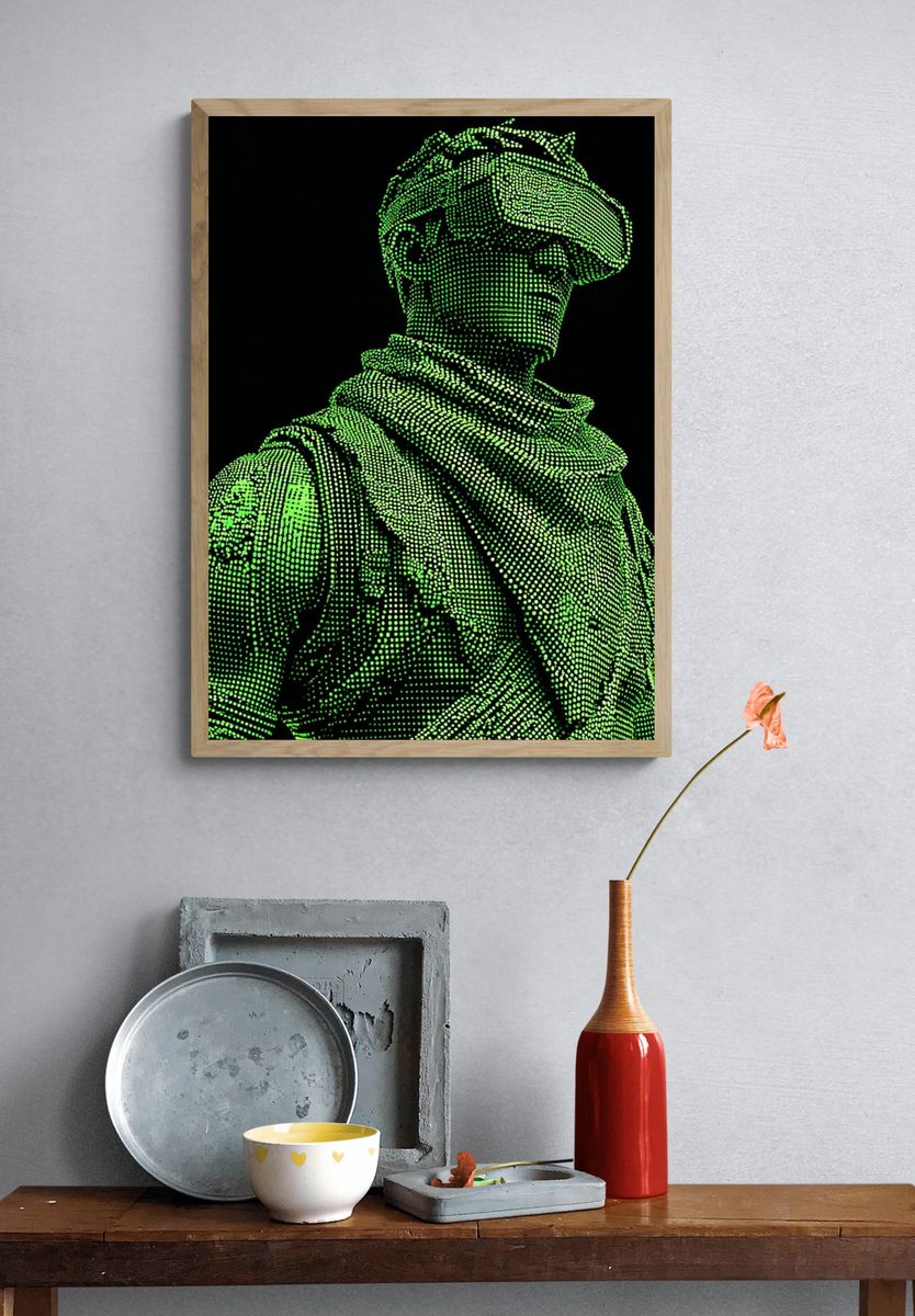 Neon Halftone Soldier Digital Art Poster. — room view 3