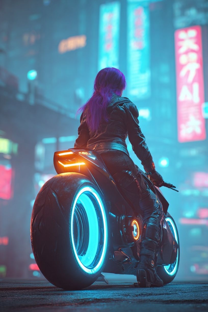 Cyberpunk Rider Neon City Poster. poster — illustration art
