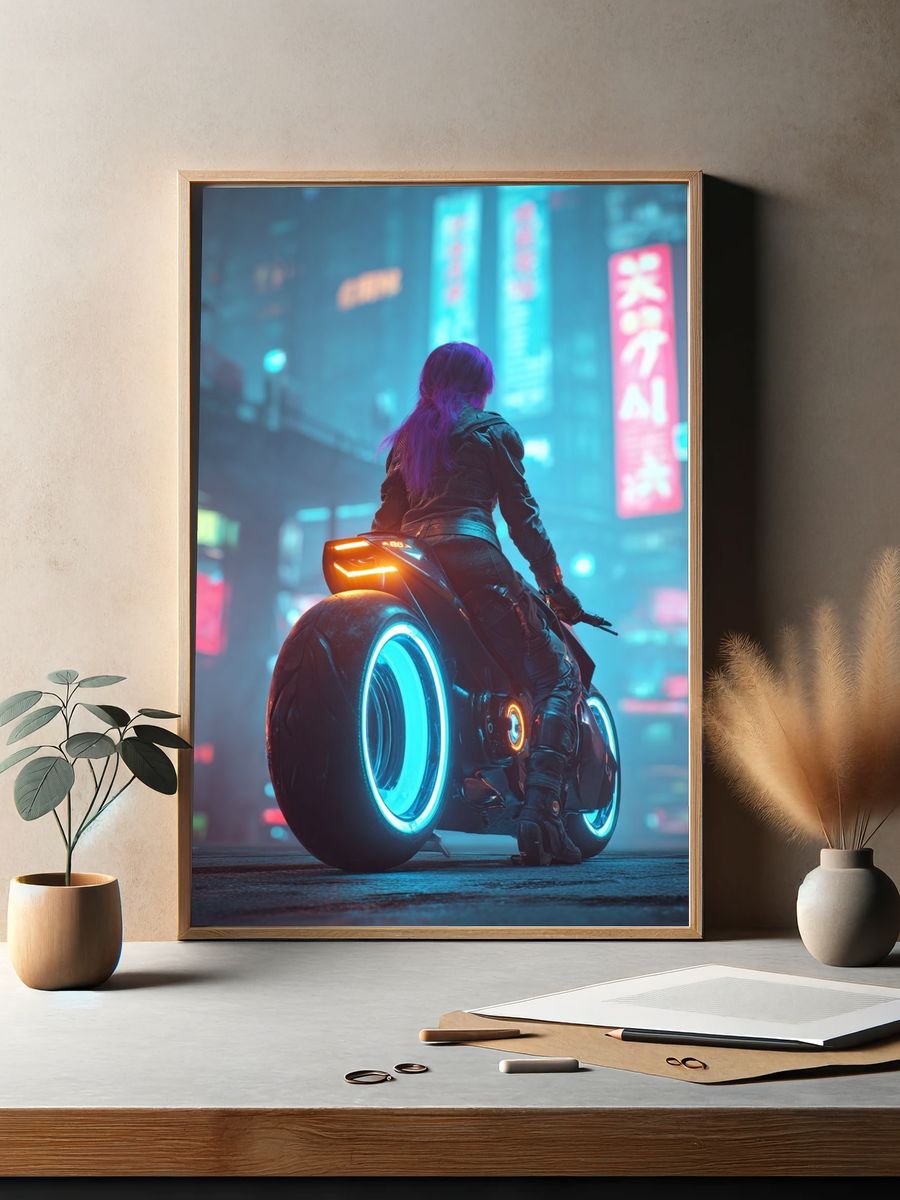 Cyberpunk Rider Neon City Poster. — room view 2