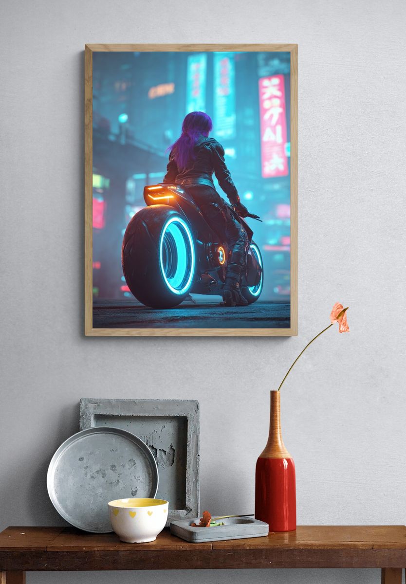 Cyberpunk Rider Neon City Poster. — room view 3