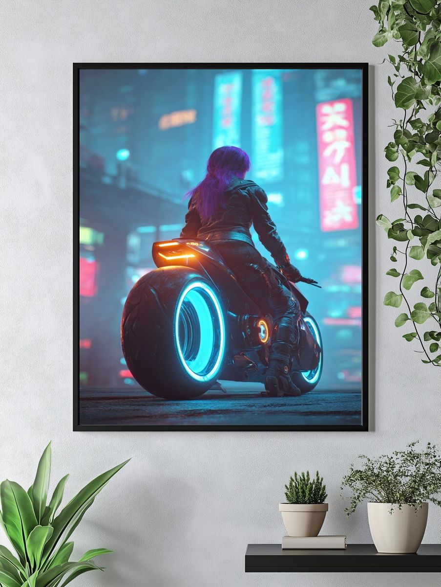 Cyberpunk Rider Neon City Poster. — room view 4