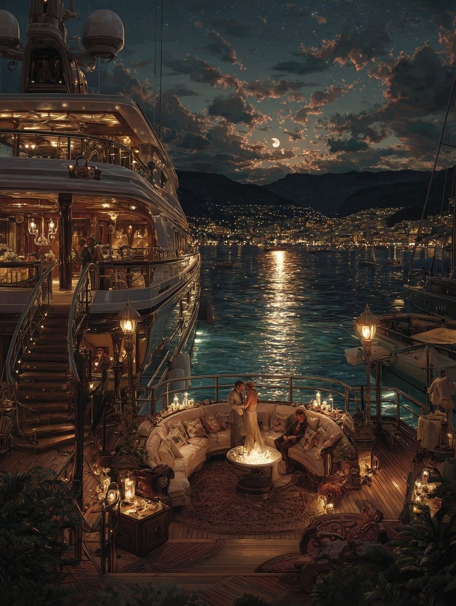 Moonlit Yacht Harbor Print. poster — illustration art