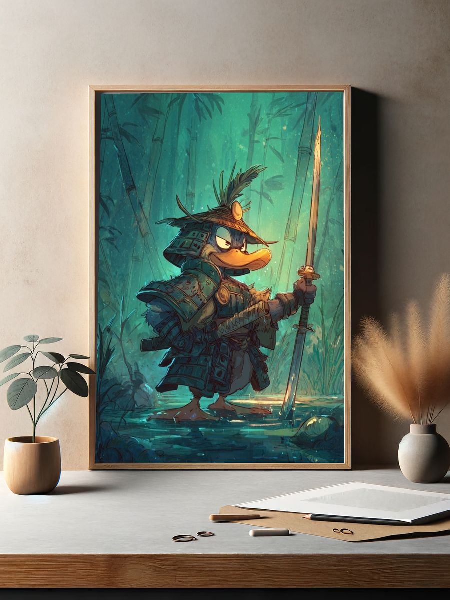 Samurai Duck Fantasy Illustration Poster. — room view 2