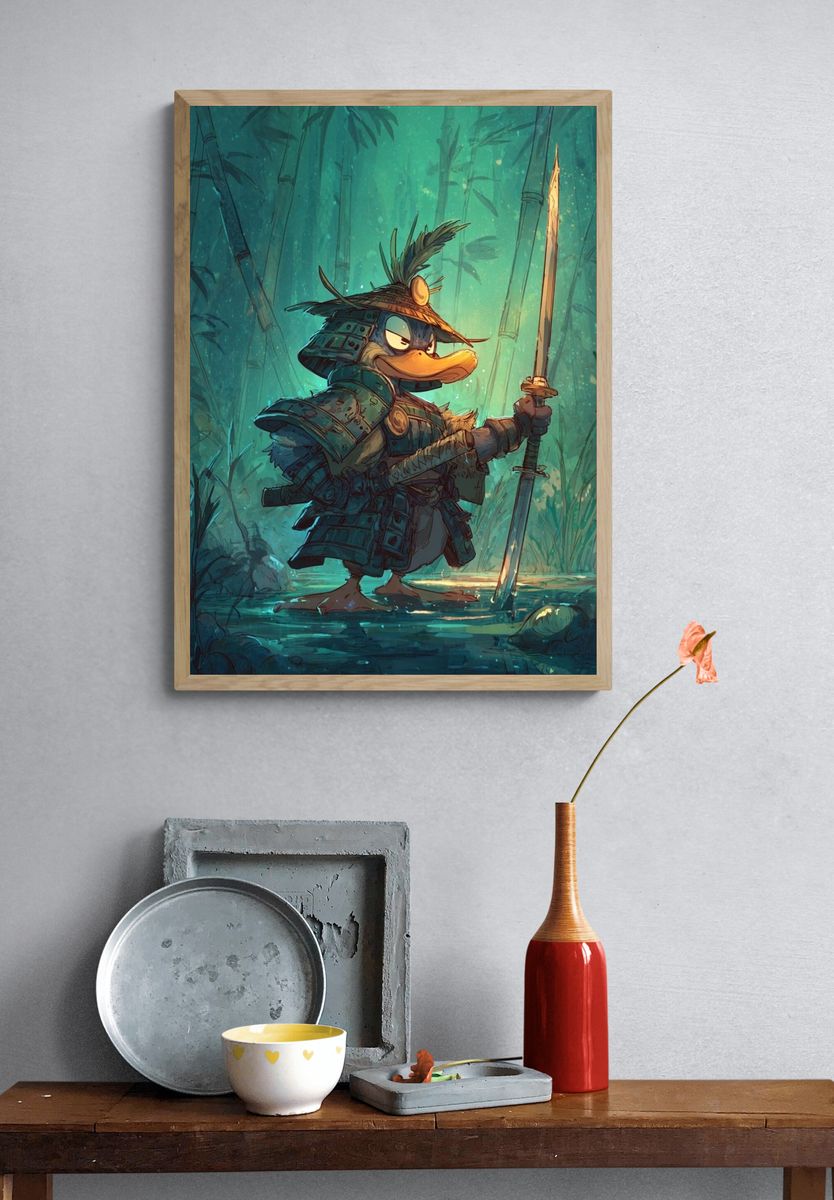 Samurai Duck Fantasy Illustration Poster. — room view 3