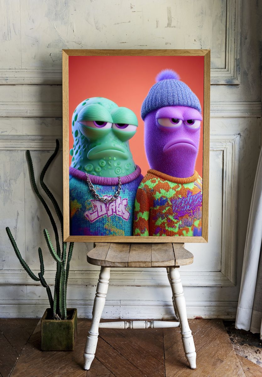 Colorful Alien Duo Illustration Poster. — room view 1