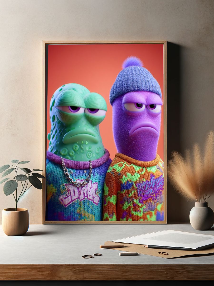 Colorful Alien Duo Illustration Poster. — room view 2