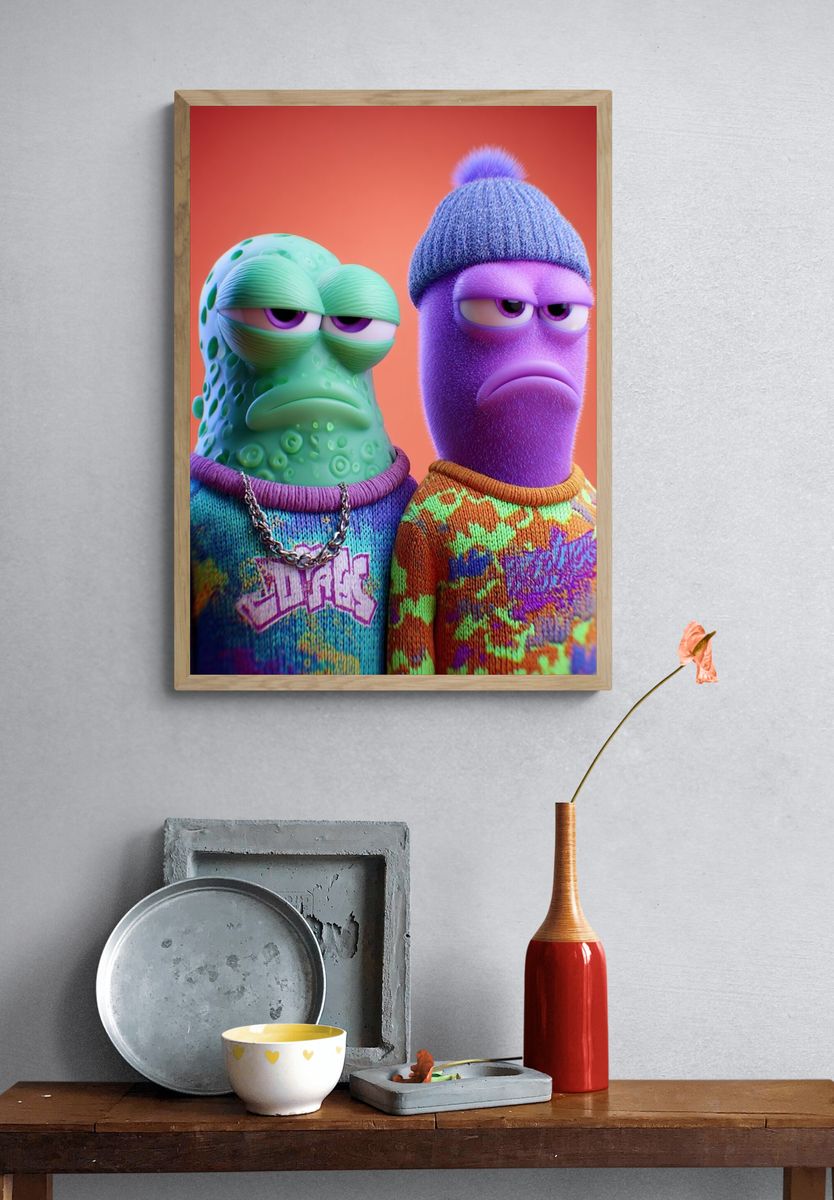 Colorful Alien Duo Illustration Poster. — room view 3
