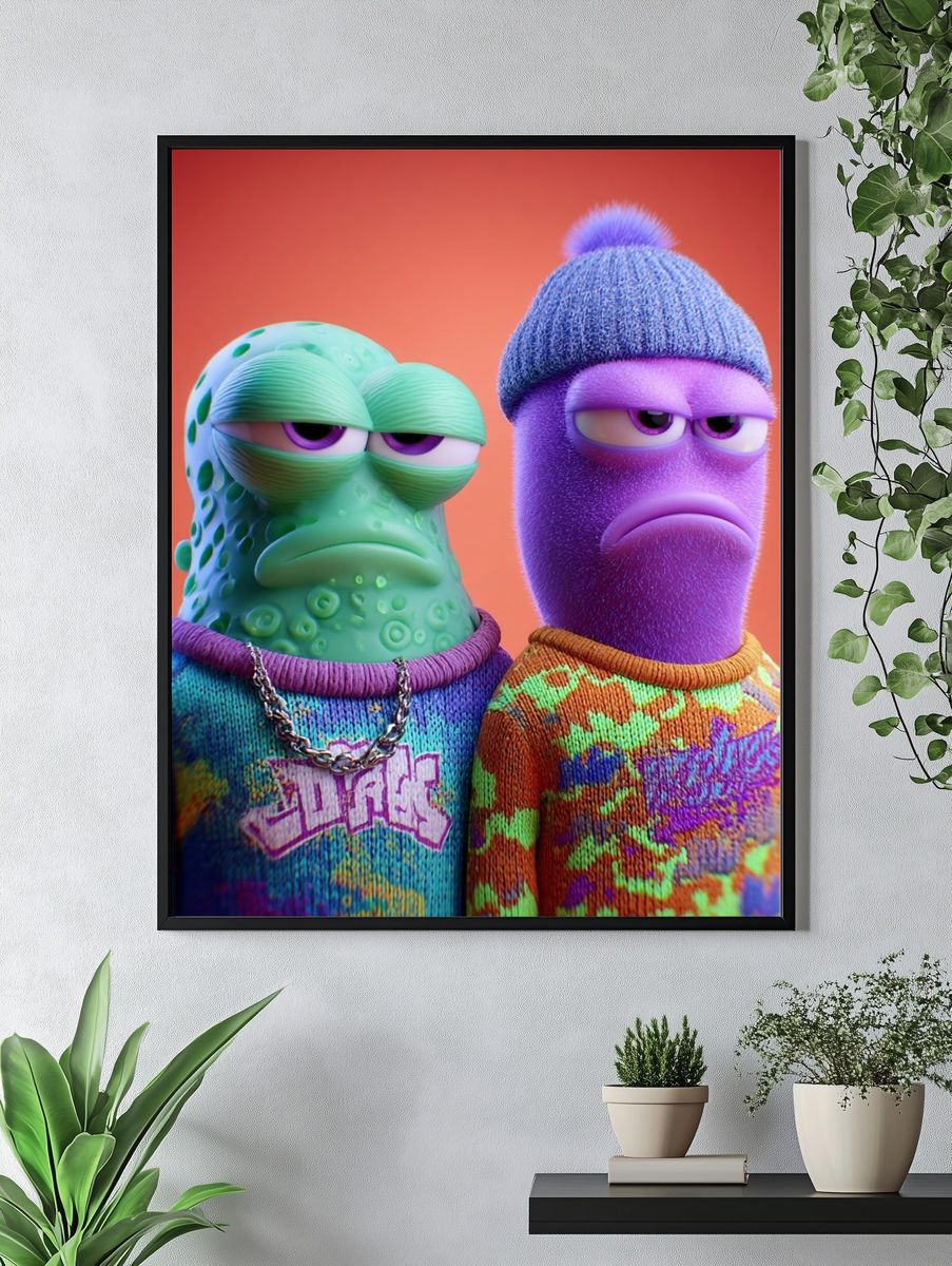 Colorful Alien Duo Illustration Poster. — room view 4