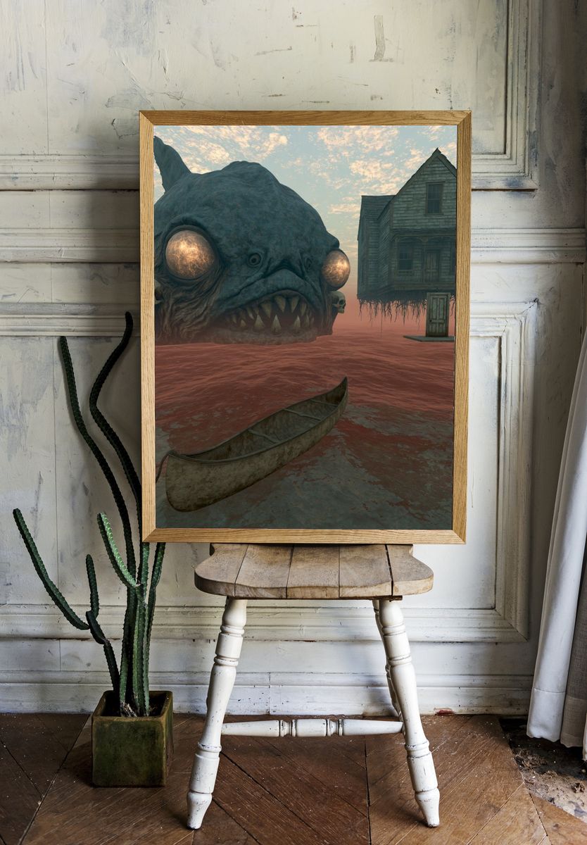 Surreal Sea Monster House Print. — room view 1