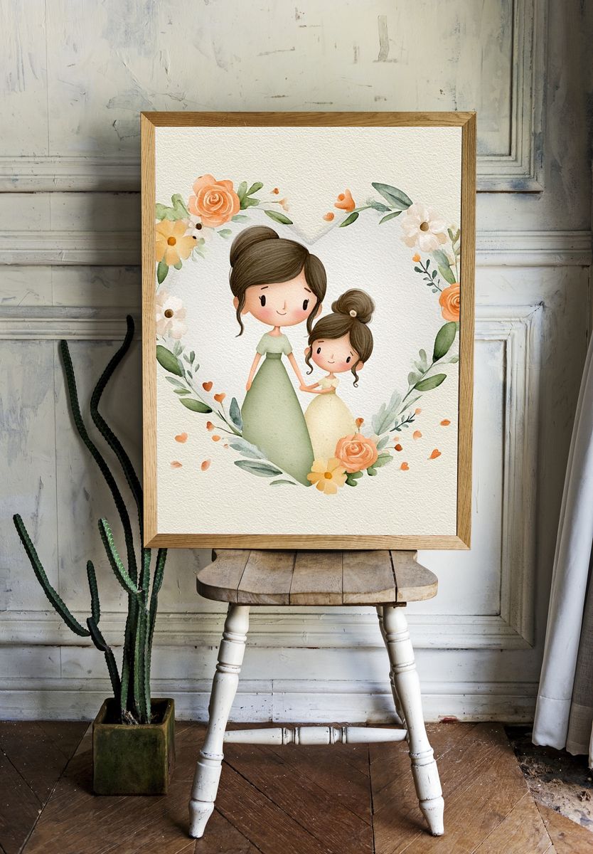 Mother and Daughter Floral Watercolor Poster. — room view 1
