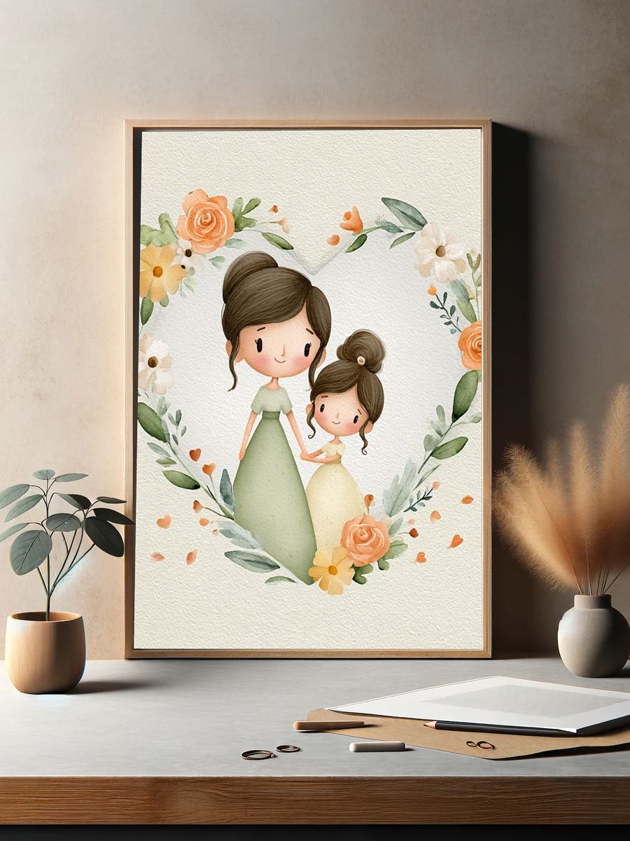 Mother and Daughter Floral Watercolor Poster. — room view 2