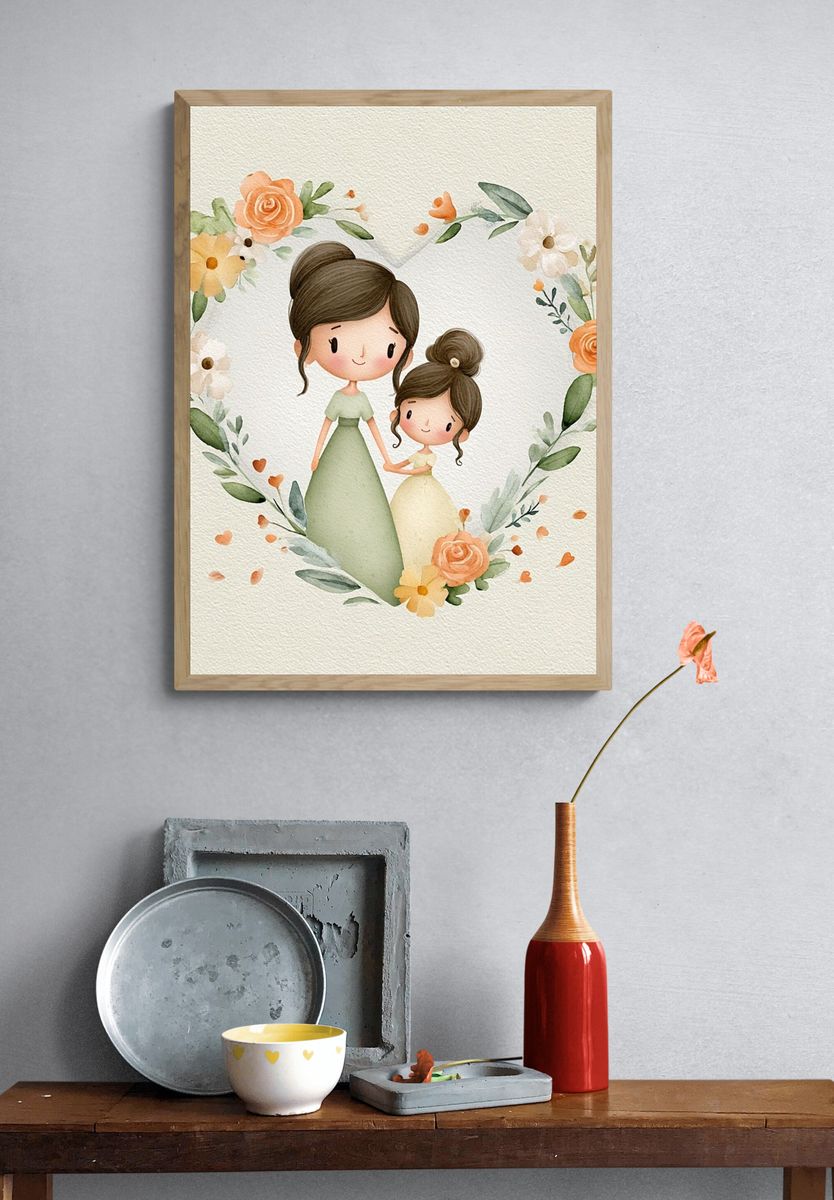 Mother and Daughter Floral Watercolor Poster. — room view 3