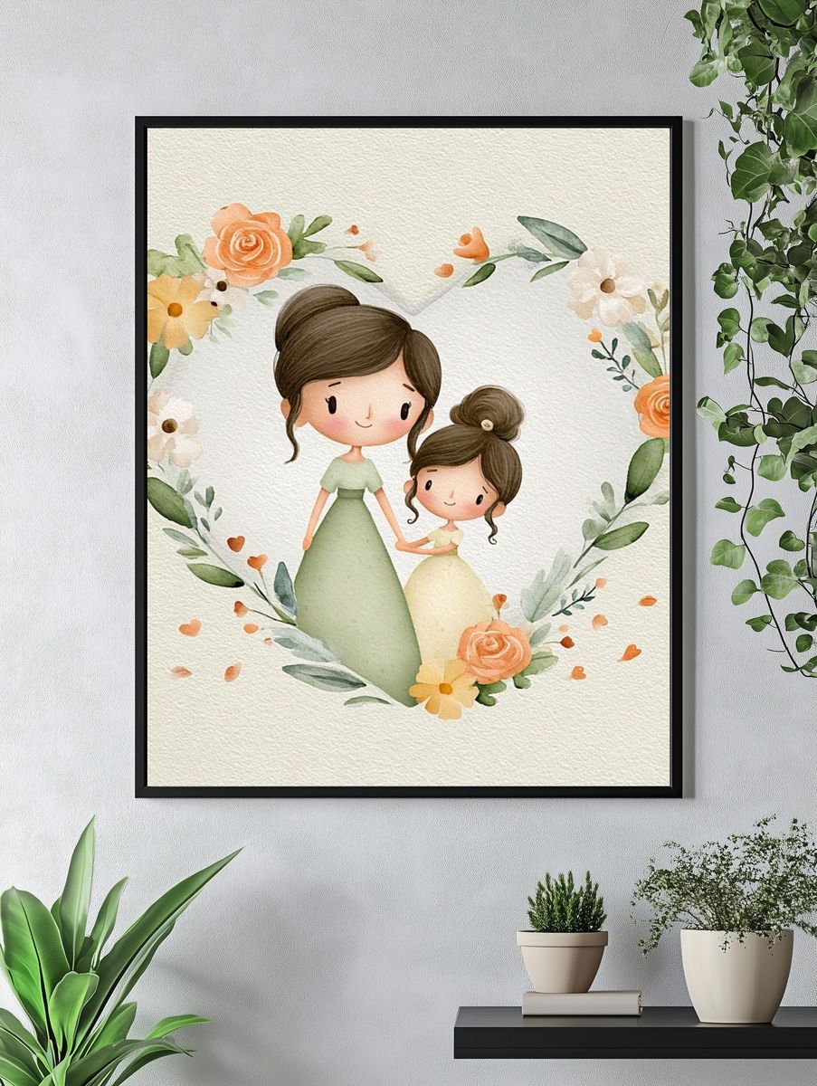 Mother and Daughter Floral Watercolor Poster. — room view 4