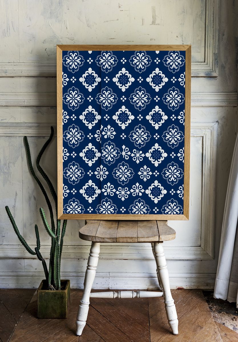 Blue Floral Tile Pattern Print. — room view 1