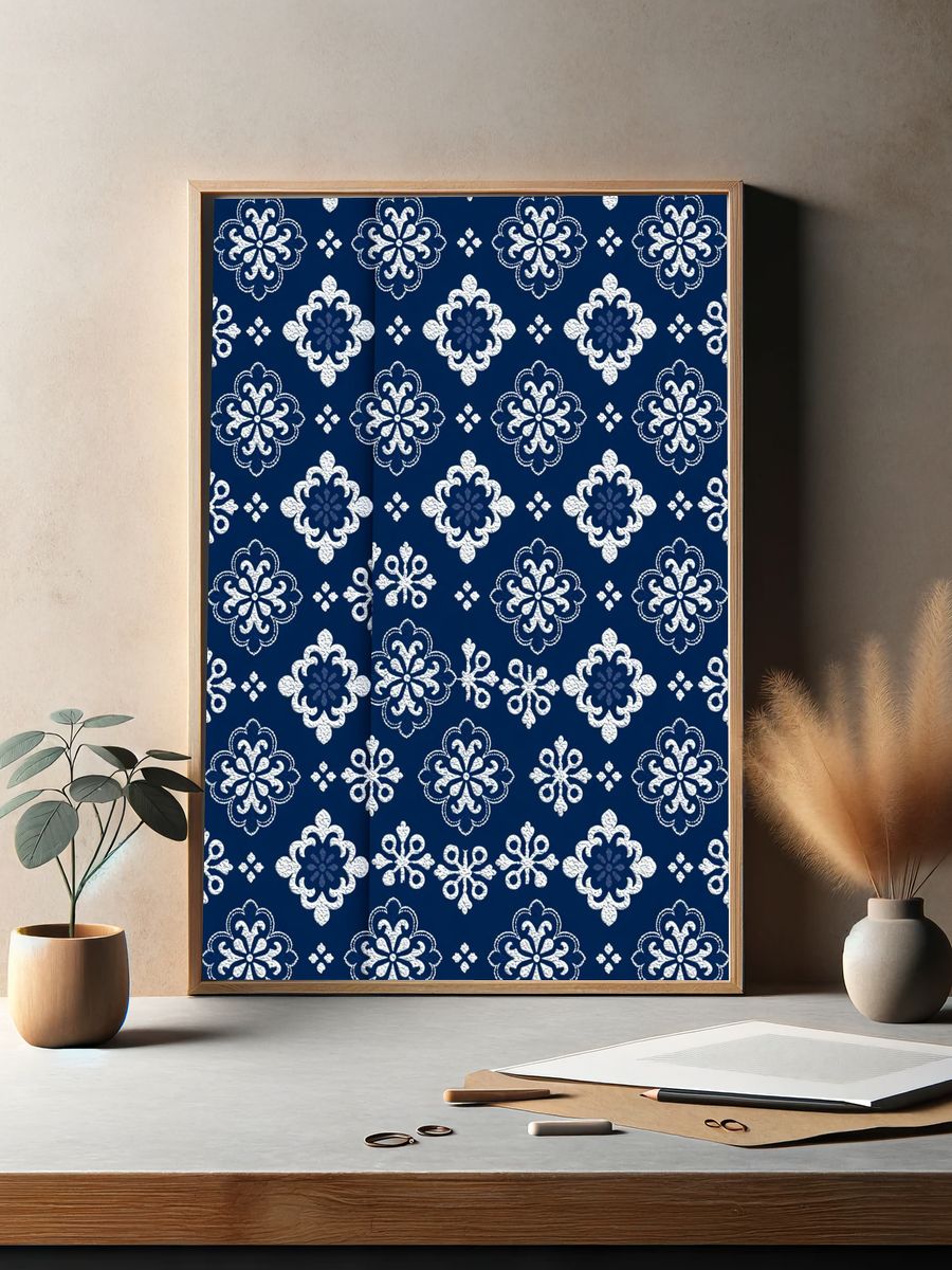 Blue Floral Tile Pattern Print. — room view 2