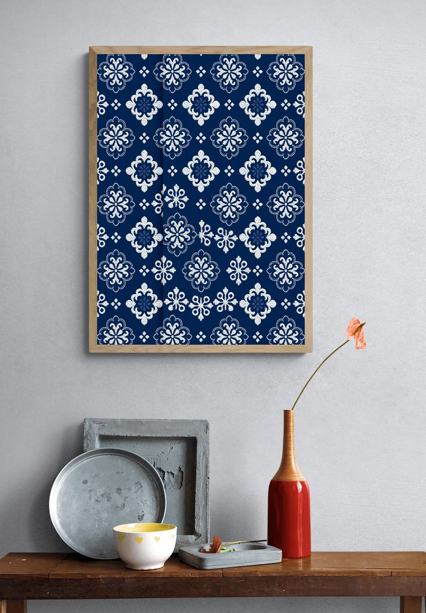 Blue Floral Tile Pattern Print. — room view 3