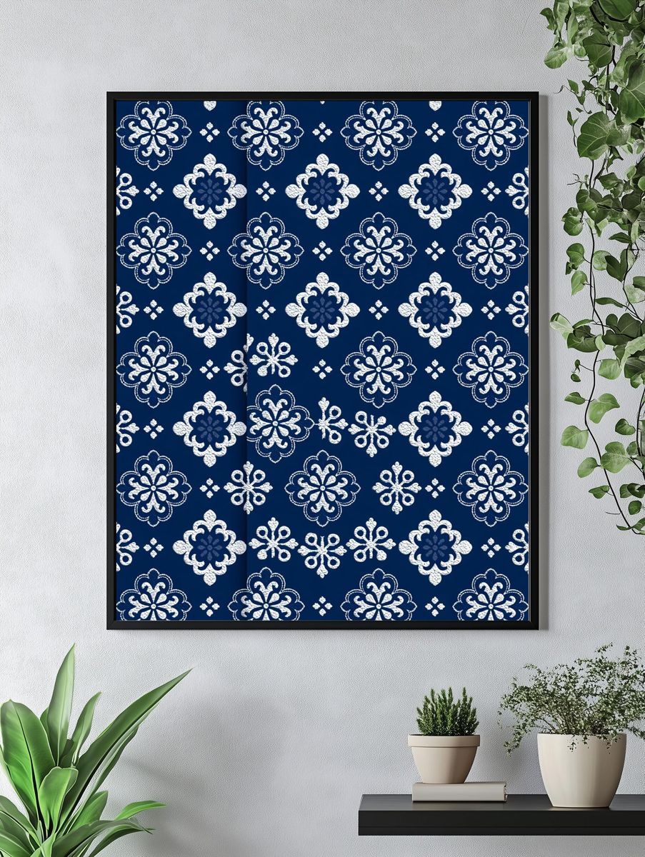 Blue Floral Tile Pattern Print. — room view 4