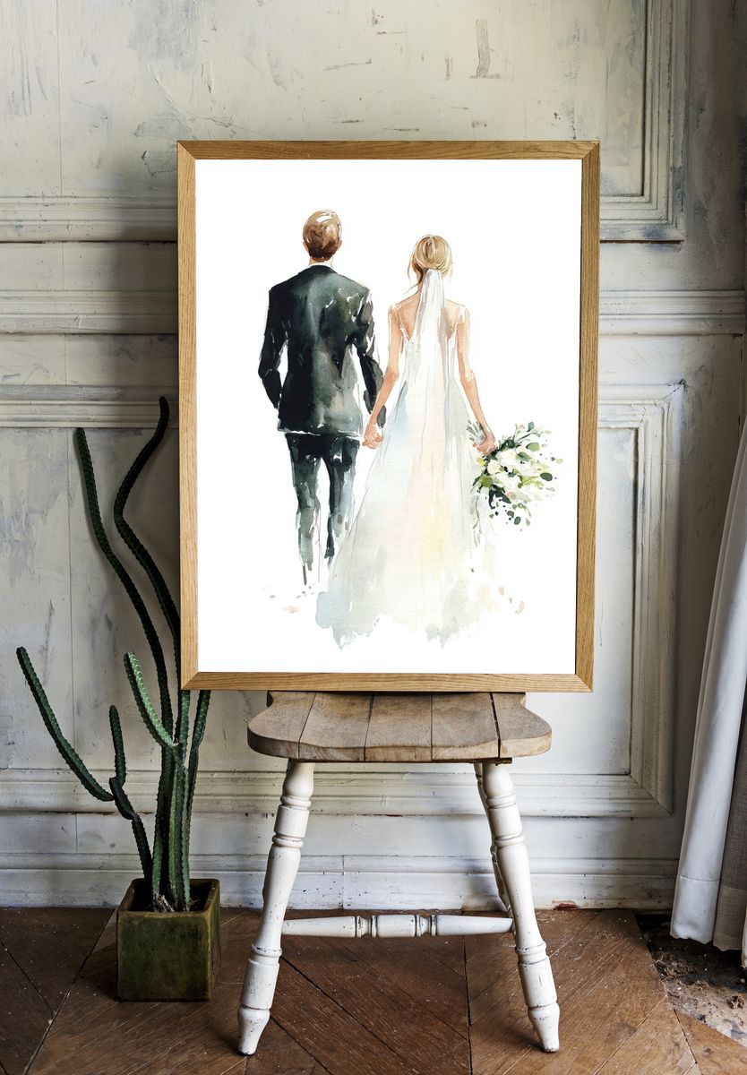 Wedding Couple Watercolor Print. — room view 1