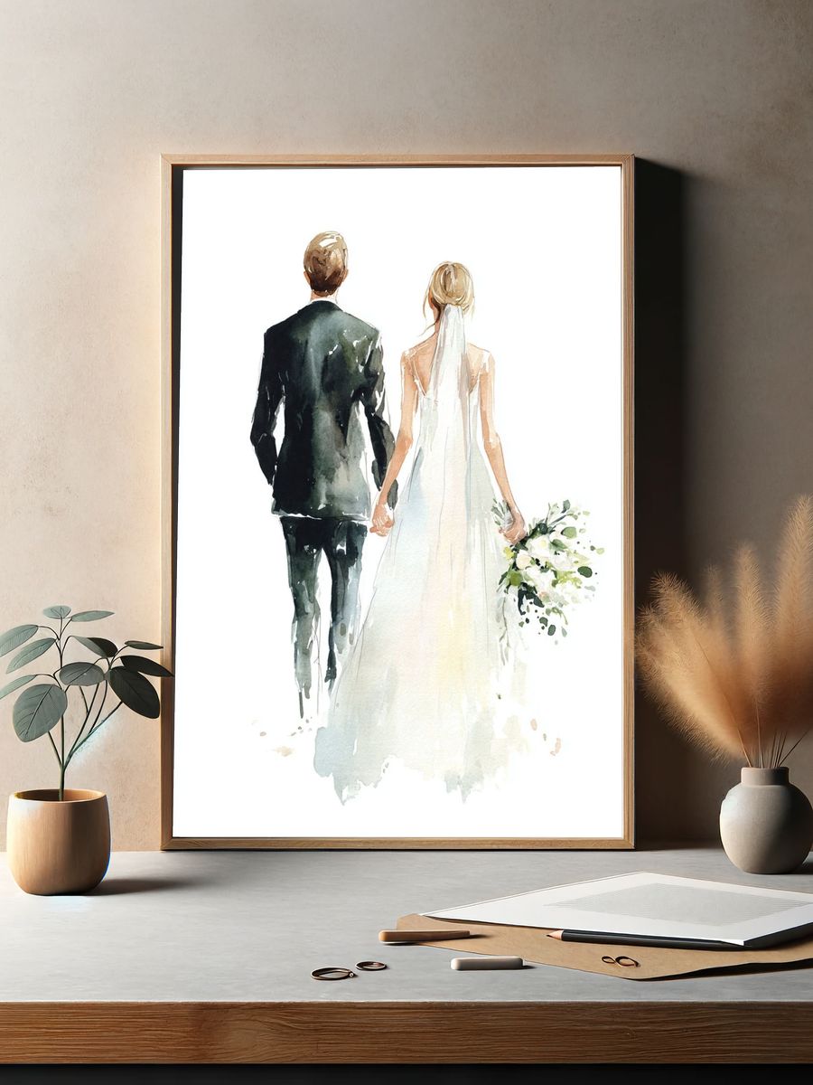 Wedding Couple Watercolor Print. — room view 2