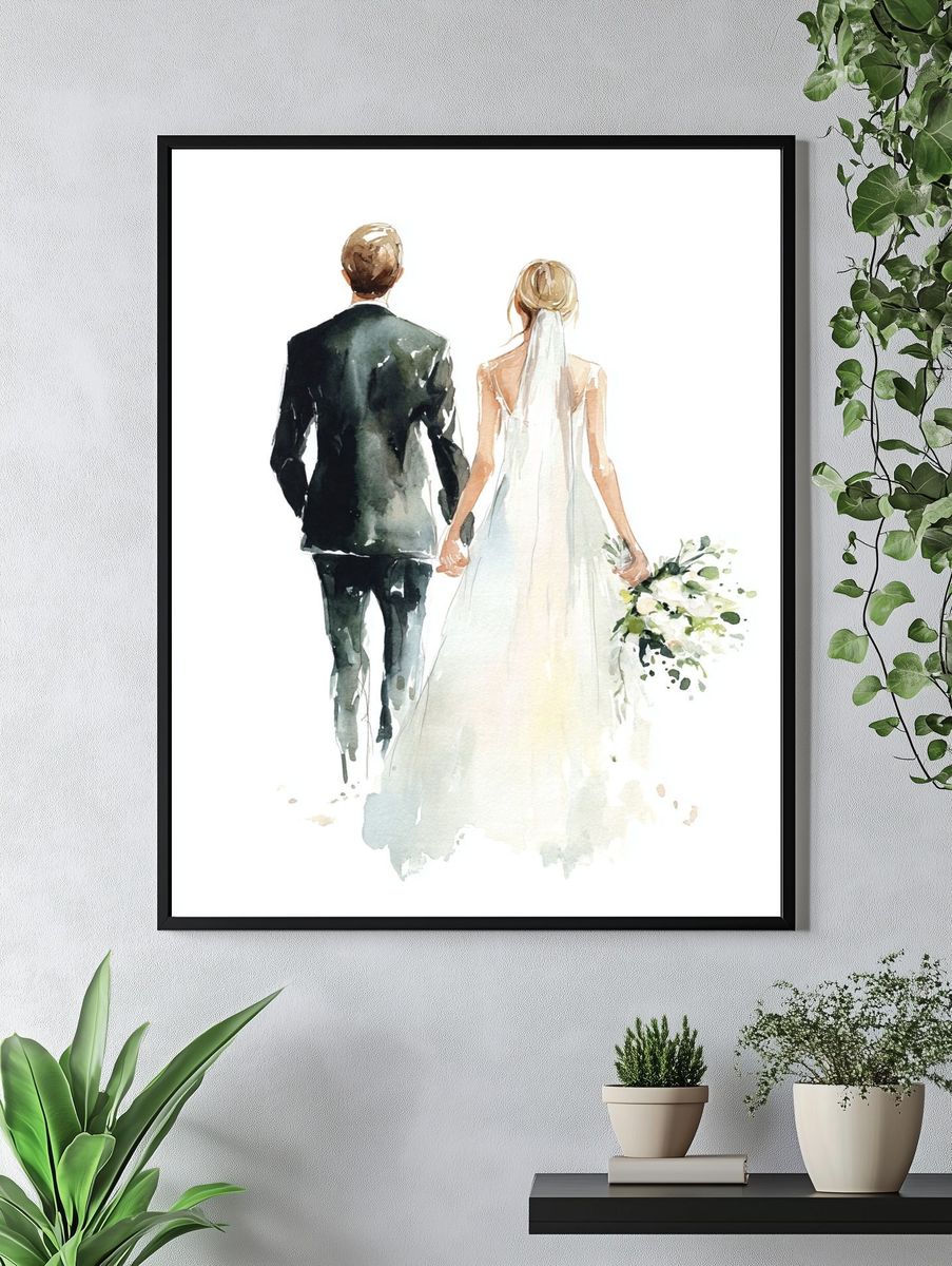 Wedding Couple Watercolor Print. — room view 4