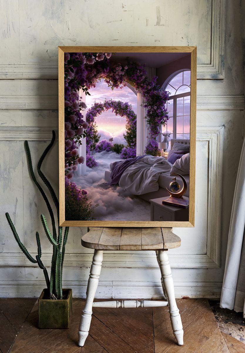 Dreamy Floral Bedroom Surrealism Print. — room view 1