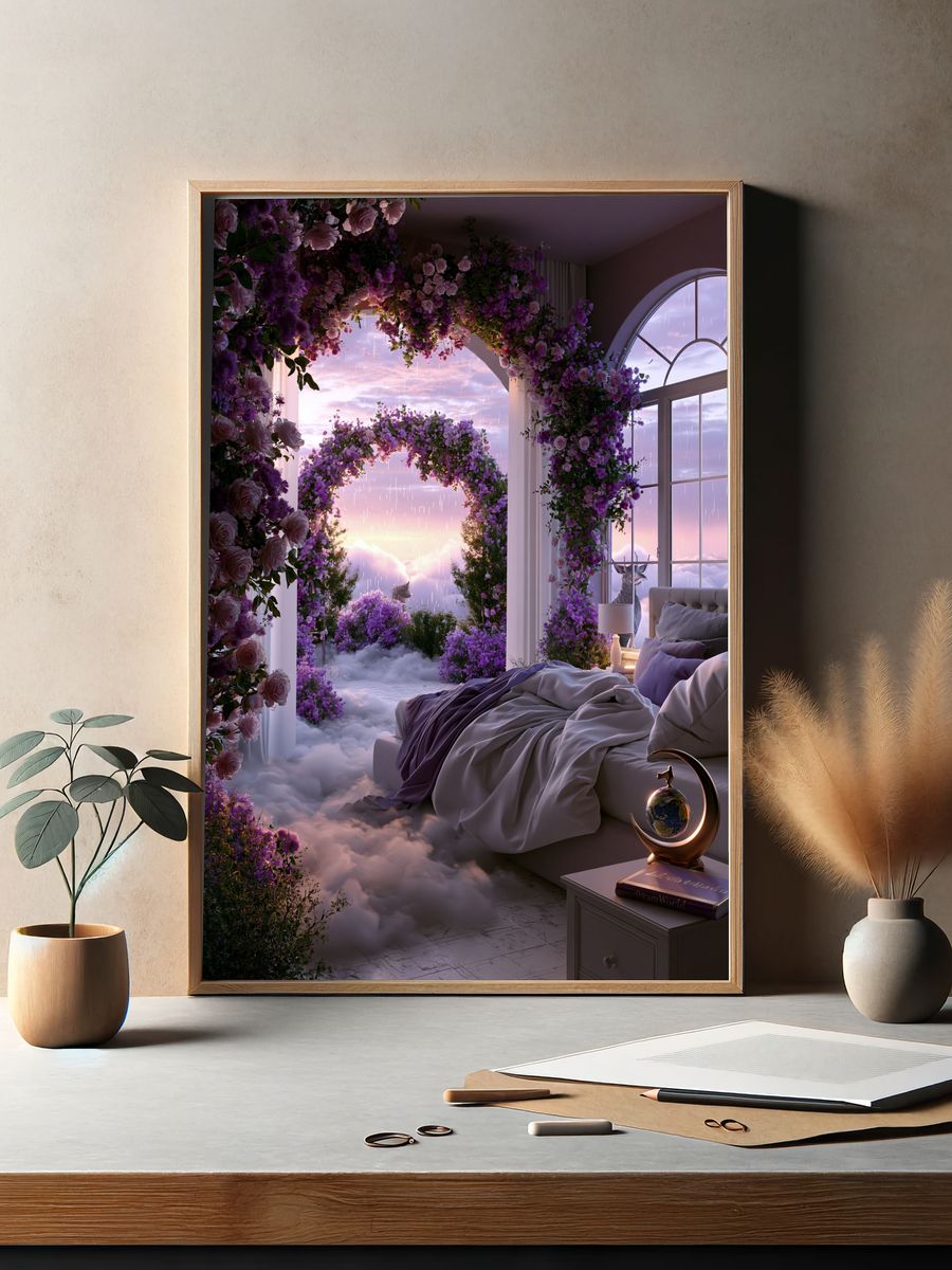 Dreamy Floral Bedroom Surrealism Print. — room view 2