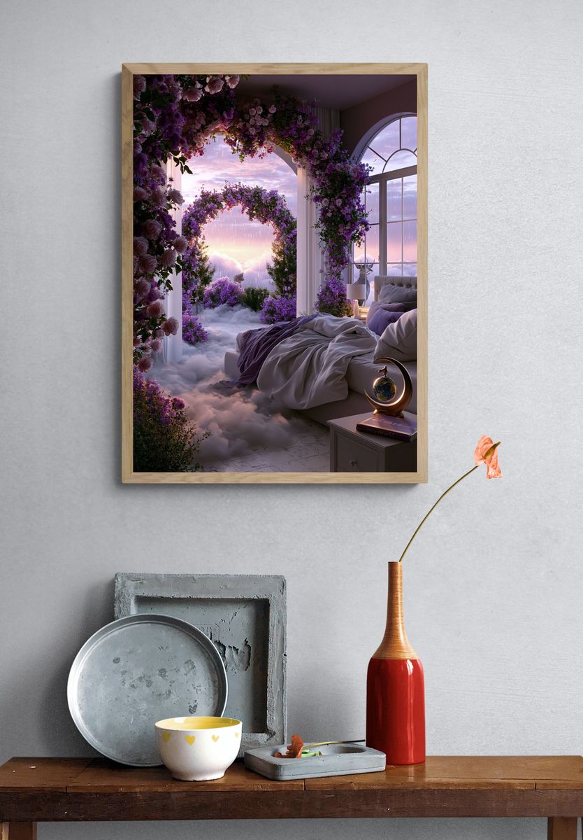 Dreamy Floral Bedroom Surrealism Print. — room view 3