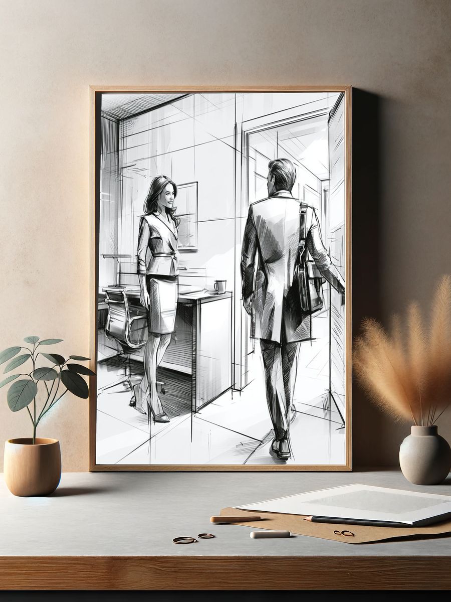 Office Encounter Fashion Illustration Poster. — room view 2