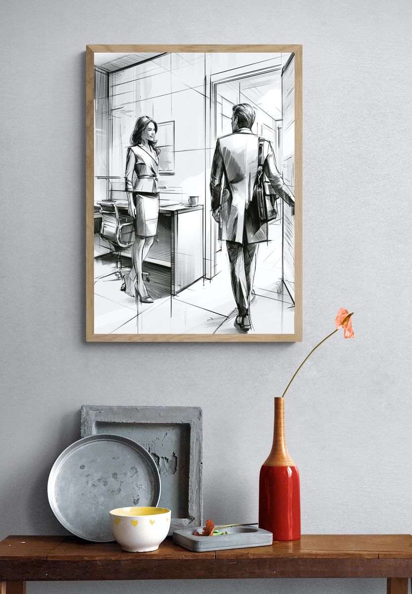 Office Encounter Fashion Illustration Poster. — room view 3
