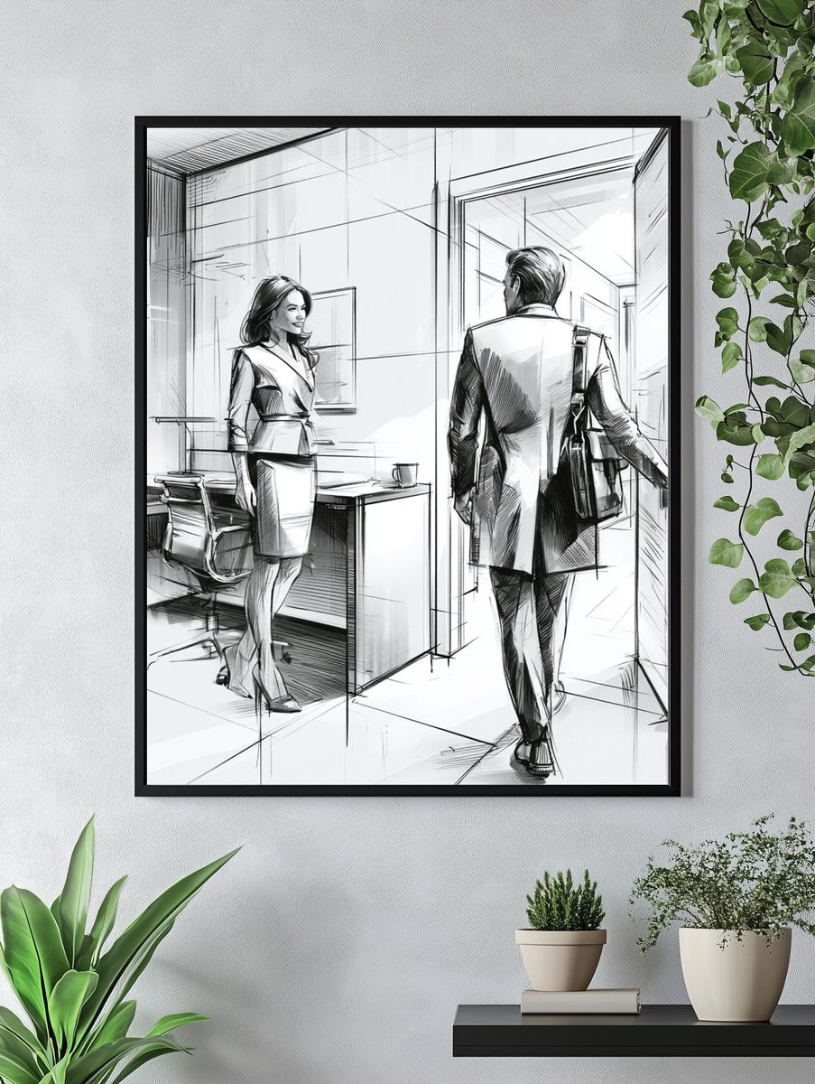 Office Encounter Fashion Illustration Poster. — room view 4