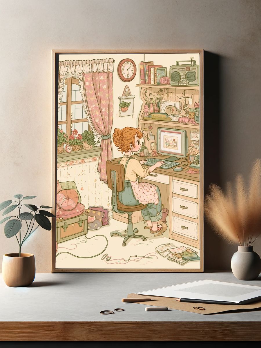 Cozy Craft Room Illustration Poster. — room view 2