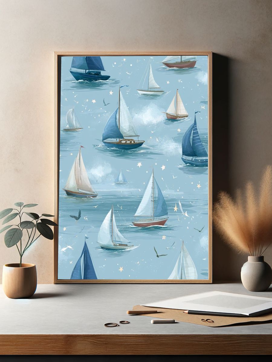 Sailboats on Blue Sea Illustration Poster. — room view 2